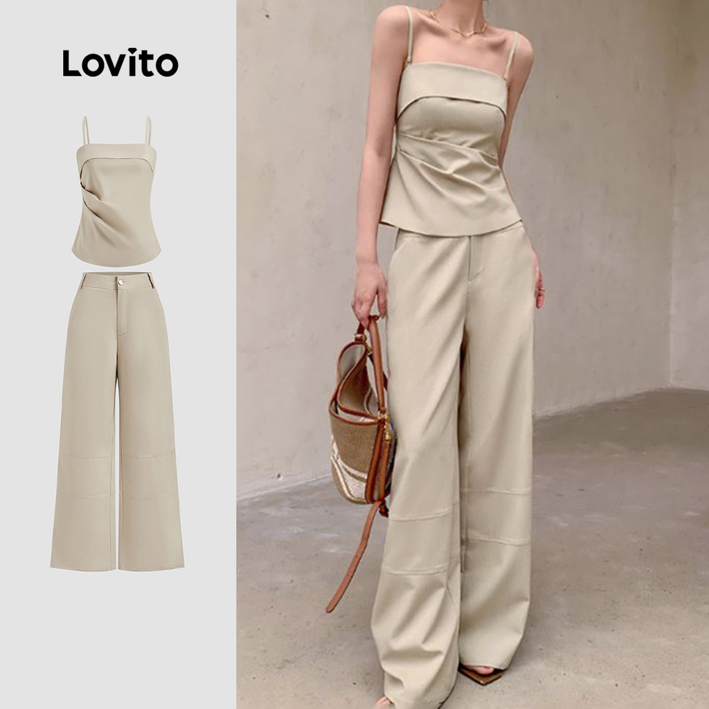 Lovito Tops ou calças femininas elegantes com bolso plissado liso LBL22263 - Women Clothes