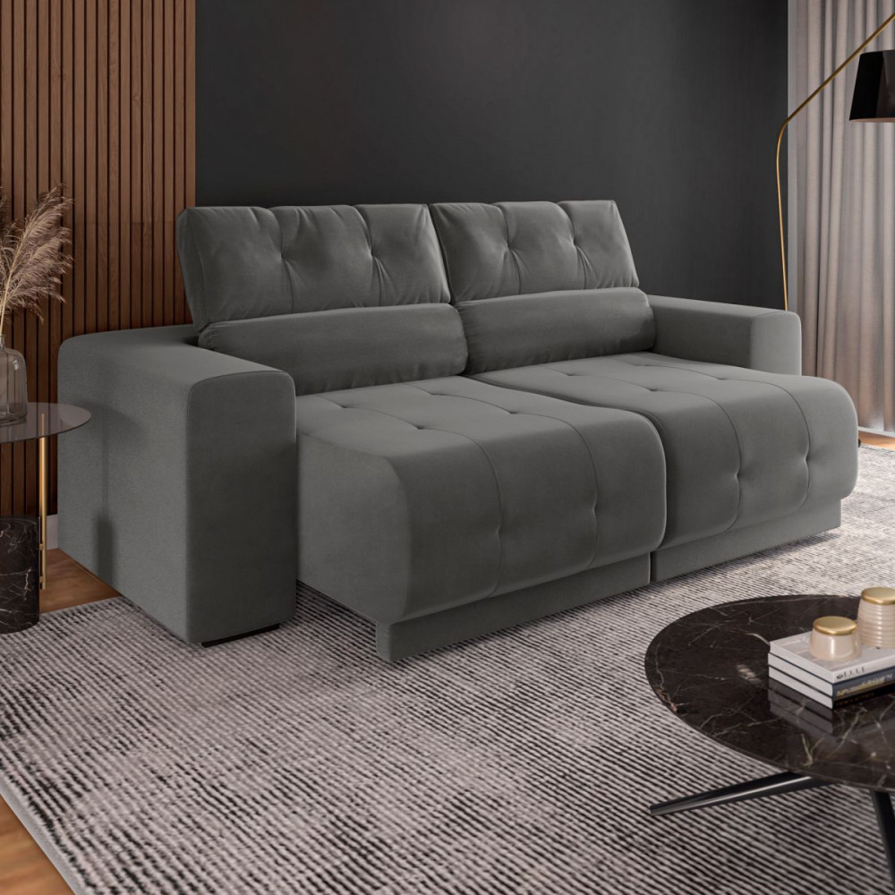 Sofá Retrátil e Reclinável 3 Lugares Veludo Cinza 3080 Mamflex em Oferta na Shopee
