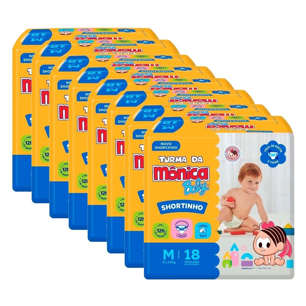 Fralda Descartável Turma da Mônica Shortinho Jumbinho Tamanho M - 8 Pacotes com 18 Fraldas - Total 144 Tiras em Oferta na Shopee