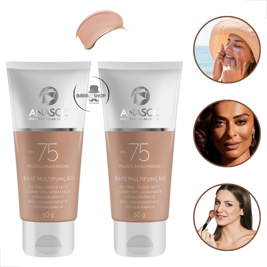 Kit 2 Base Hidratante Multifunção Clara Média Fps75 Anasol Ideal para quem Busca uma pele natural e bem cuidada