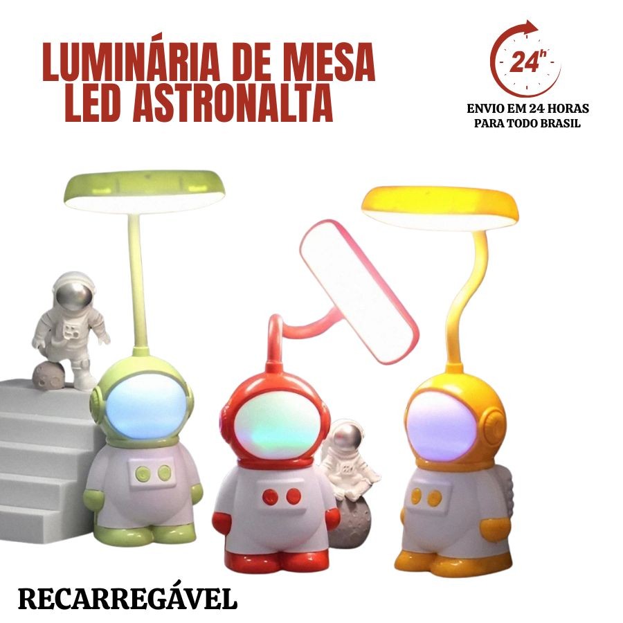 Luminária Astronauta Abajur de Mesa Infantil Portátil Recarregável USB Flexível Led Criança