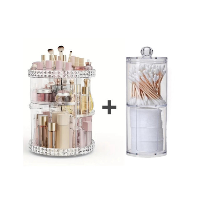 Kit Organizador De Cosmético Maquiagem Acrílico Giratório 360º + Porta Algodão E Cotonete 2 Em 1