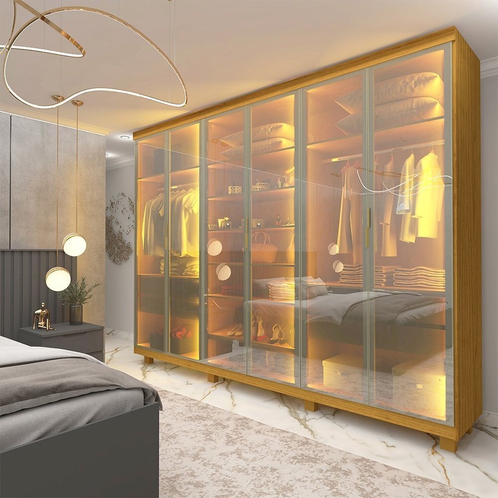 Guarda-roupa Casal 6 Portas com 6 Portas Reflecta com Pés com Led Imperatriz 100% MDF Natu...
