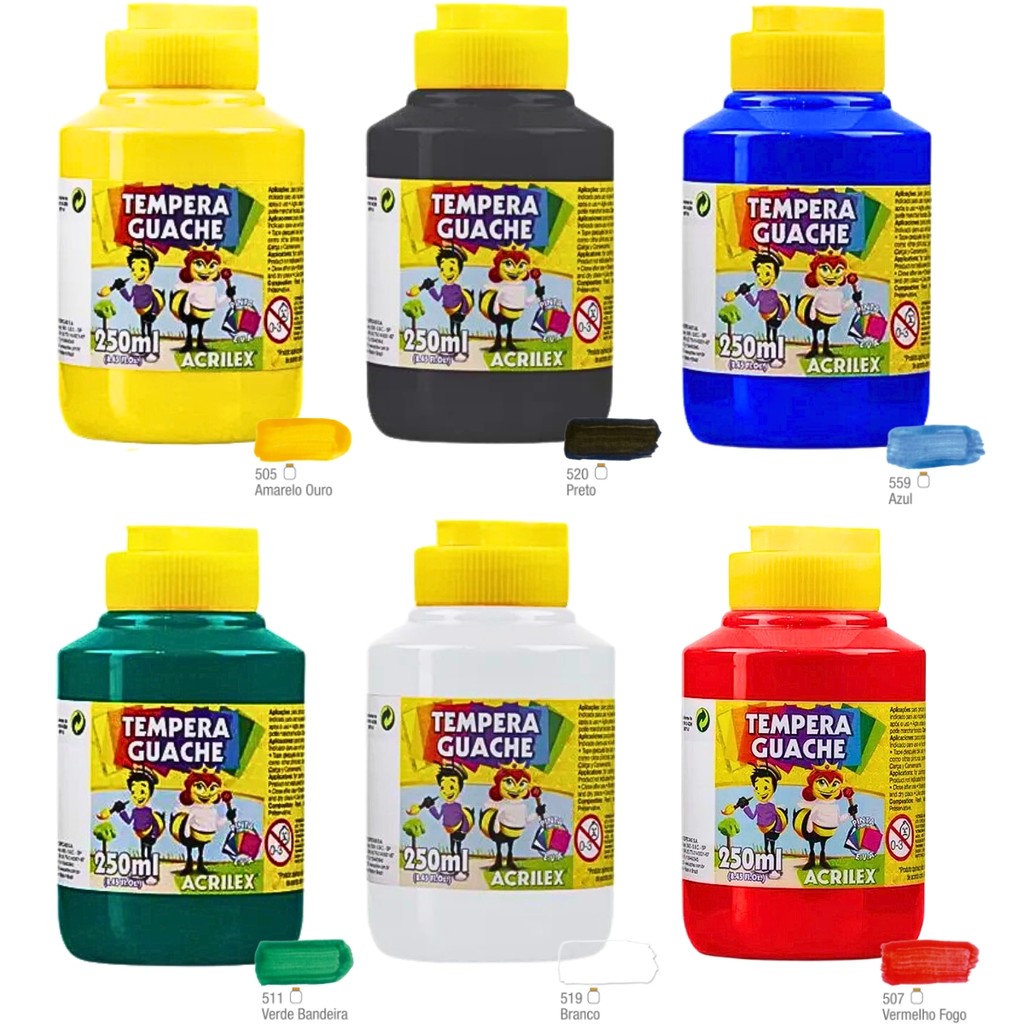 Kit 6 Potes Tinta Guache Tempera Escolar 250ml/cada Infantil Arte 6 Cores Azul Preto Branco Amarelo Vermelho Verde