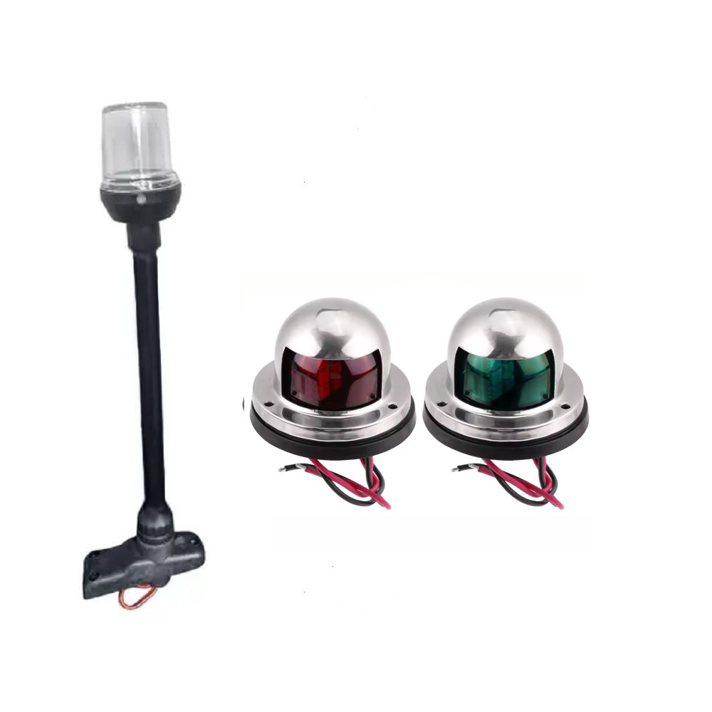 Kit Luz Bombordo e Boreste Led em Inox + Mastro Alcançado Fundeio Led Retrátil Preto - Barco Lancha Veleiro Pesca