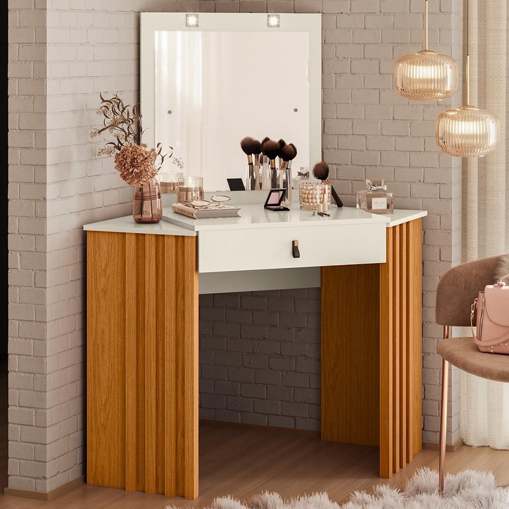 Penteadeira Camarim de Canto com Espelho 1 Gaveta Glitter Cinamomo/Off White - Albatroz em Oferta na Shopee