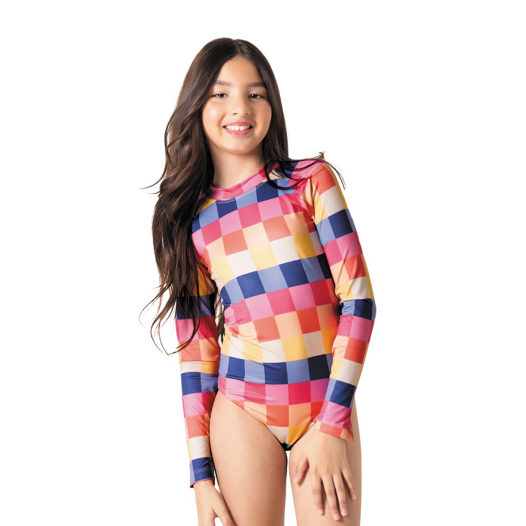 Maiô Body Infantil Praia Manga Longa Proteção Solar Quadradinhos Coloridos Have Fun