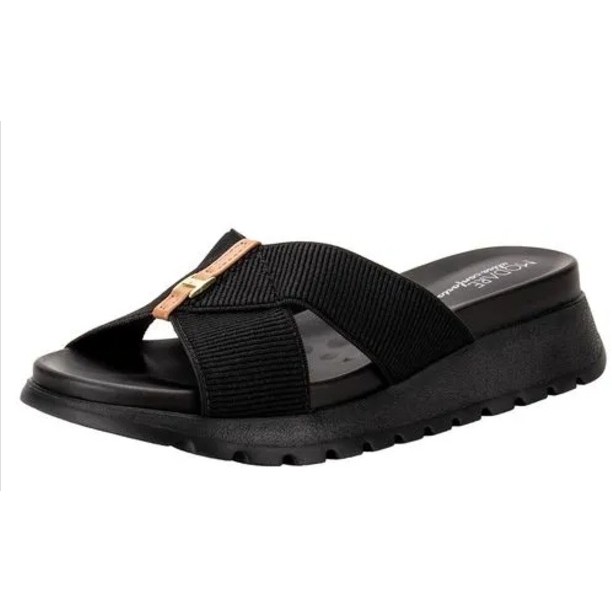 Sandália Tamanco Feminino Anabela Modare Preto Detalhe Dourado Design Confortável Moderno Perfeito