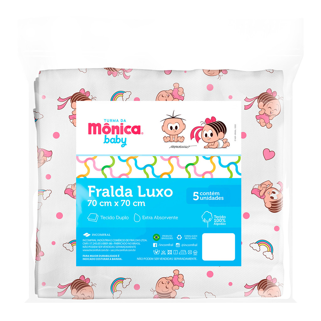 Kit 5 Fraldas de Pano Luxo para Bebê Turma da Mônica Baby