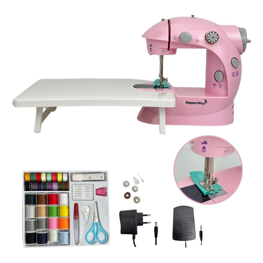 Mini Máquina Costura Rosa Portátil Com Mesa E Kit De Costura Importway em Oferta na Shopee