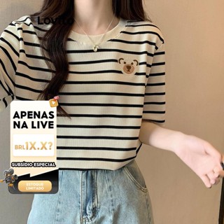 (LIVE STREAM SALE) Lovito Camiseta Listrada Casual para Mulheres LNE38190 (Alperce) em Oferta na Shopee