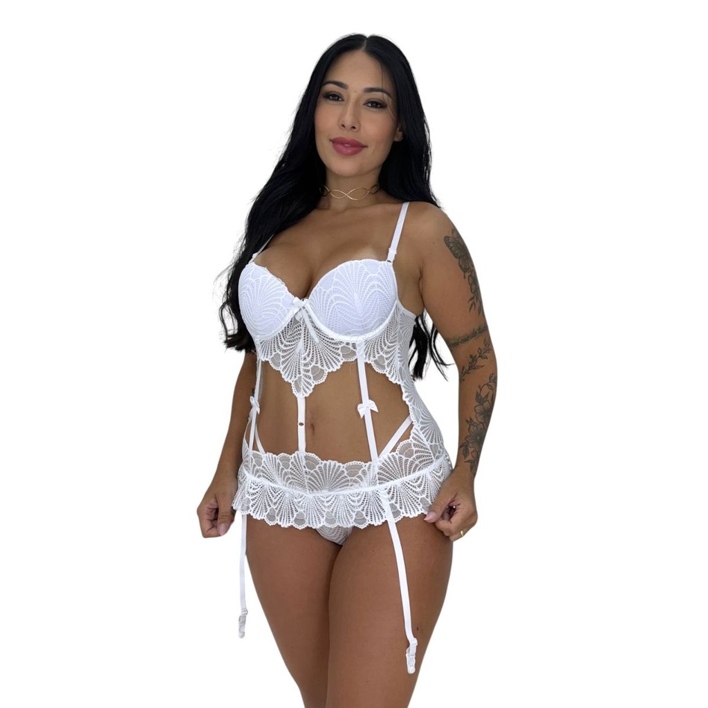 Conjunto Espartilho Lingerie Cintura Corset Feminina Renda Fio Dental Ajustável Tule Moda Intima