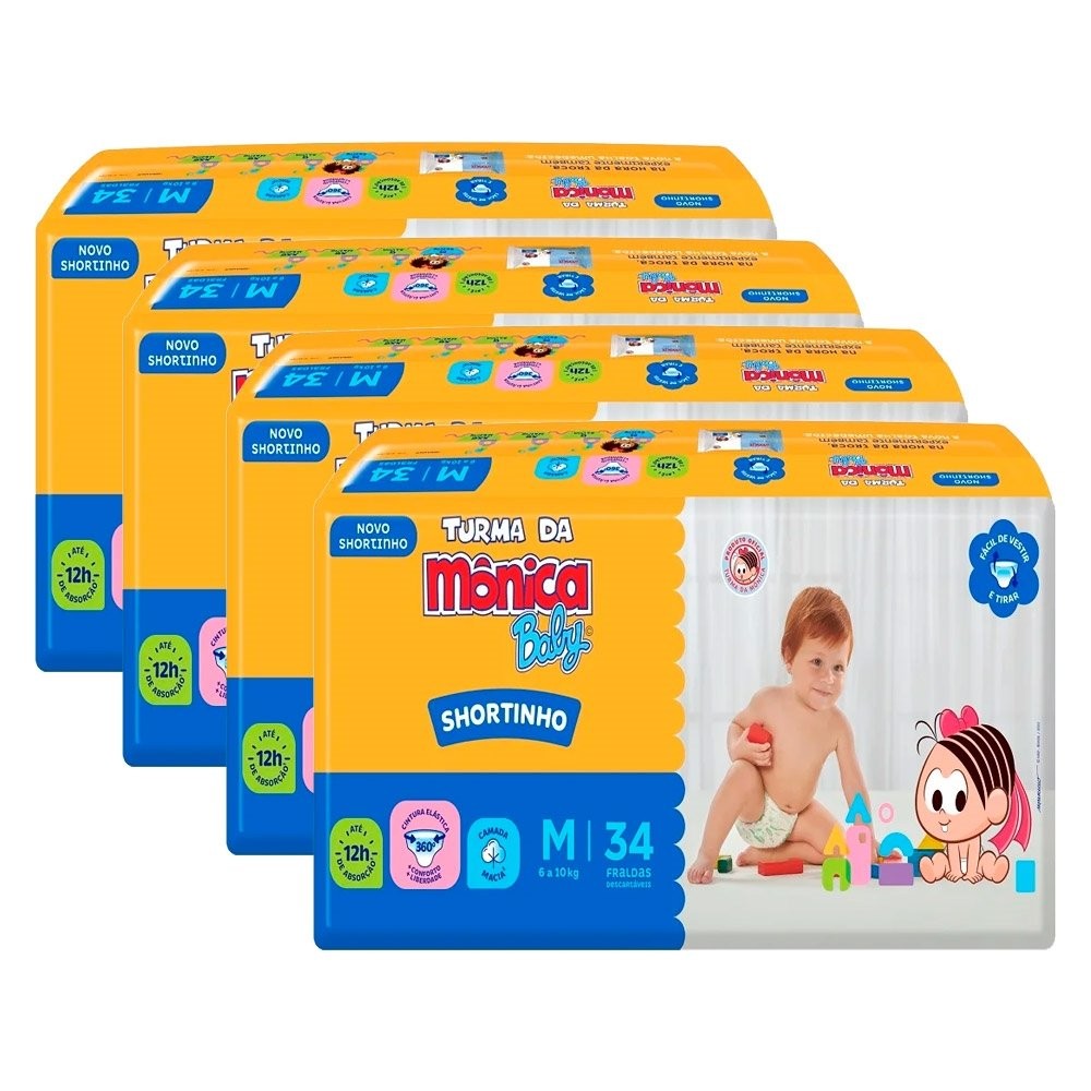 Fralda Descartável Turma da Mônica Shortinho Jumbo Tamanho M - 4 Pacotes com 34 Fraldas - Total 136 Tiras - Mom & Baby