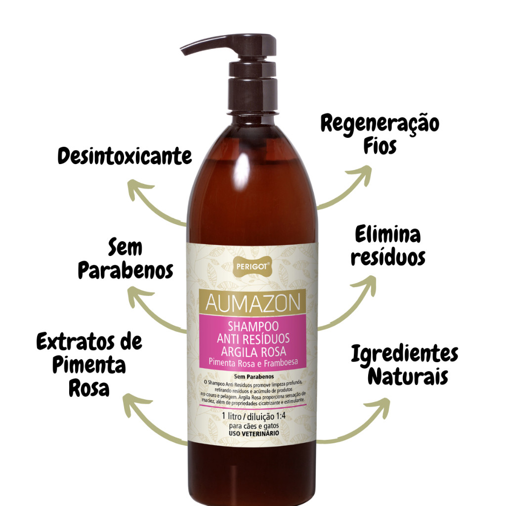 SHAMPOO AUMAZON DETOX ANTI RESIDUSOS ARGILA ROSA PIMENTA ROSA E FRAMBOESA 1L PERIGOT PET