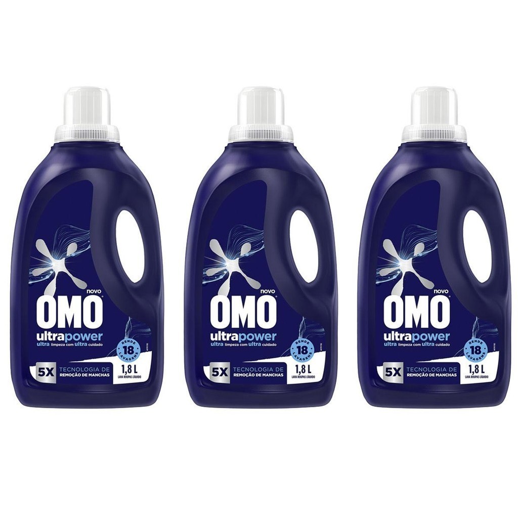 Kit 3 Lava Roupas Líquido Omo Ultra Power 1,8L cada Detergentes Liquido Lava Roupas