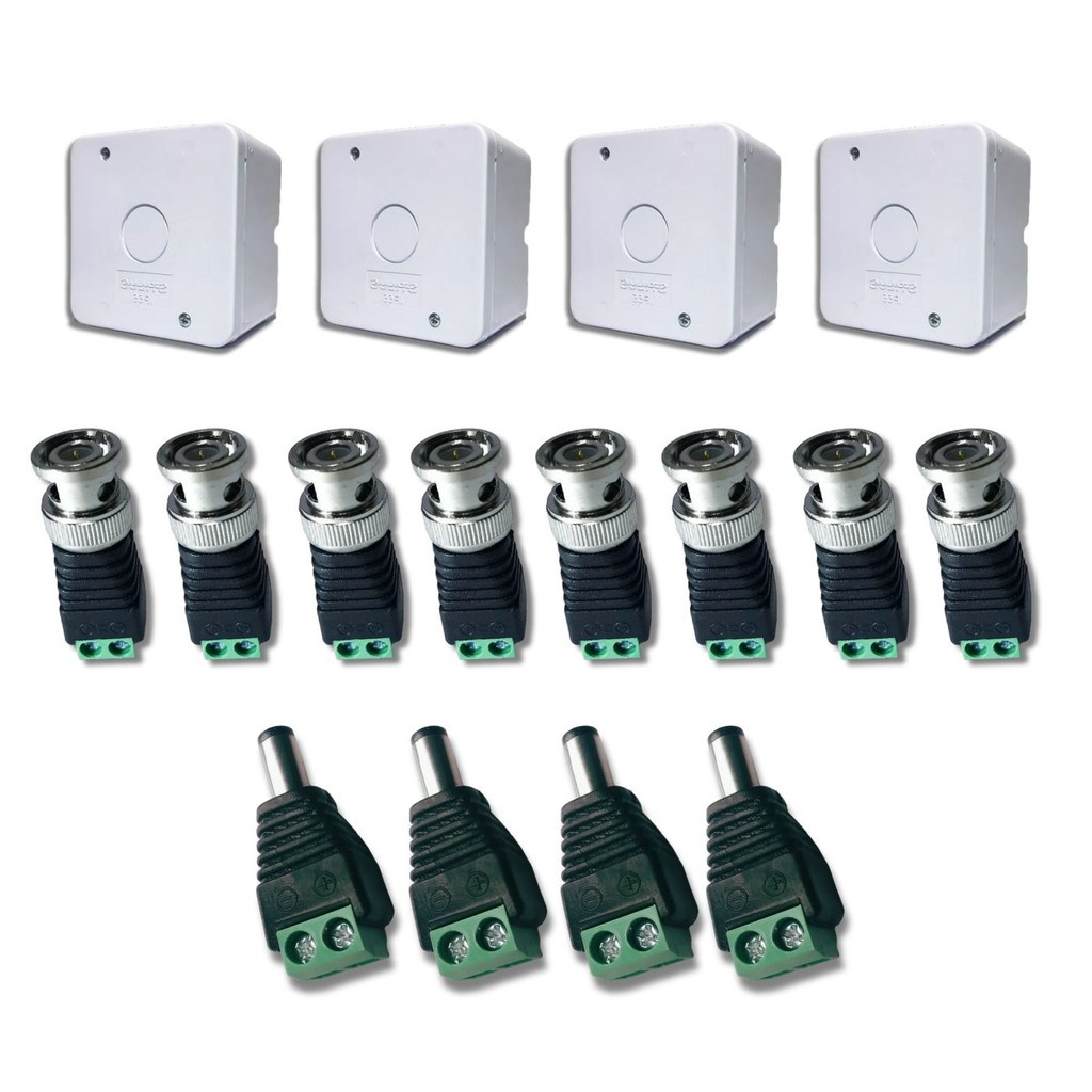 KIT 4 Caixas Sobrepor Stilus Simples Branca com 8 Conectores BNC & 4 Conectores P4 Macho CFTV em Oferta na Shopee