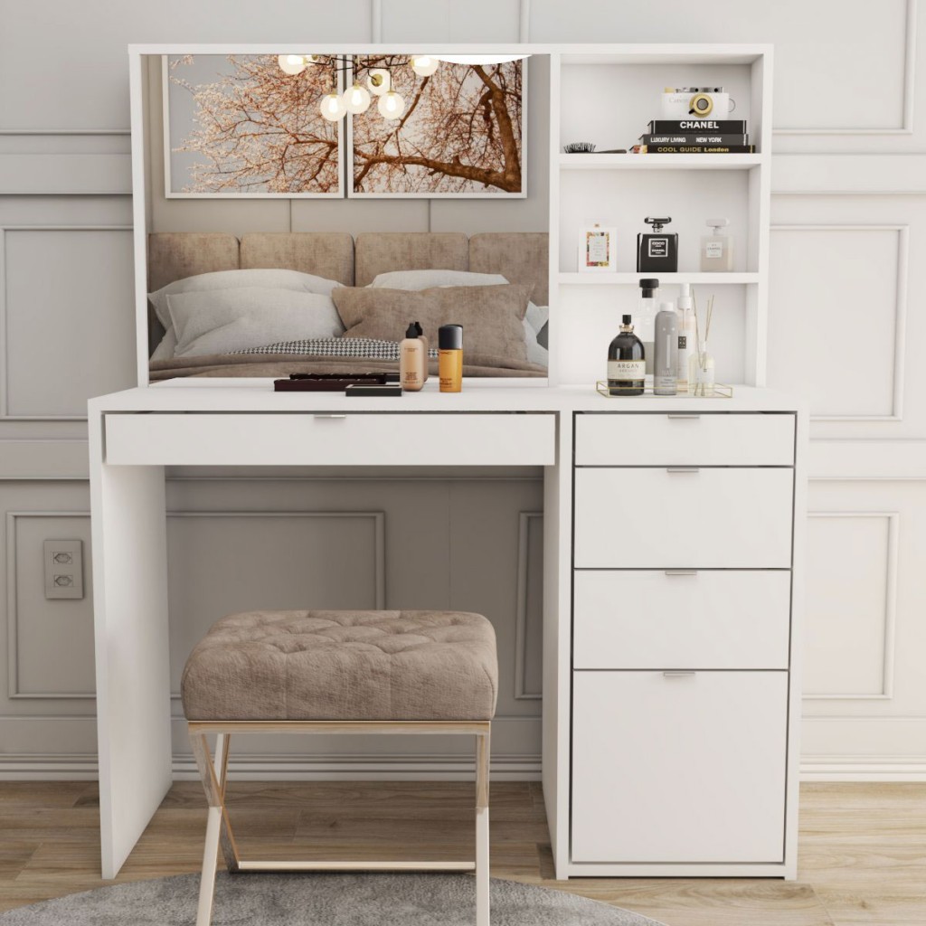 Penteadeira Maria 5 Gavetas 2 Prateleiras Branco - Panorama Móveis em Oferta na Shopee