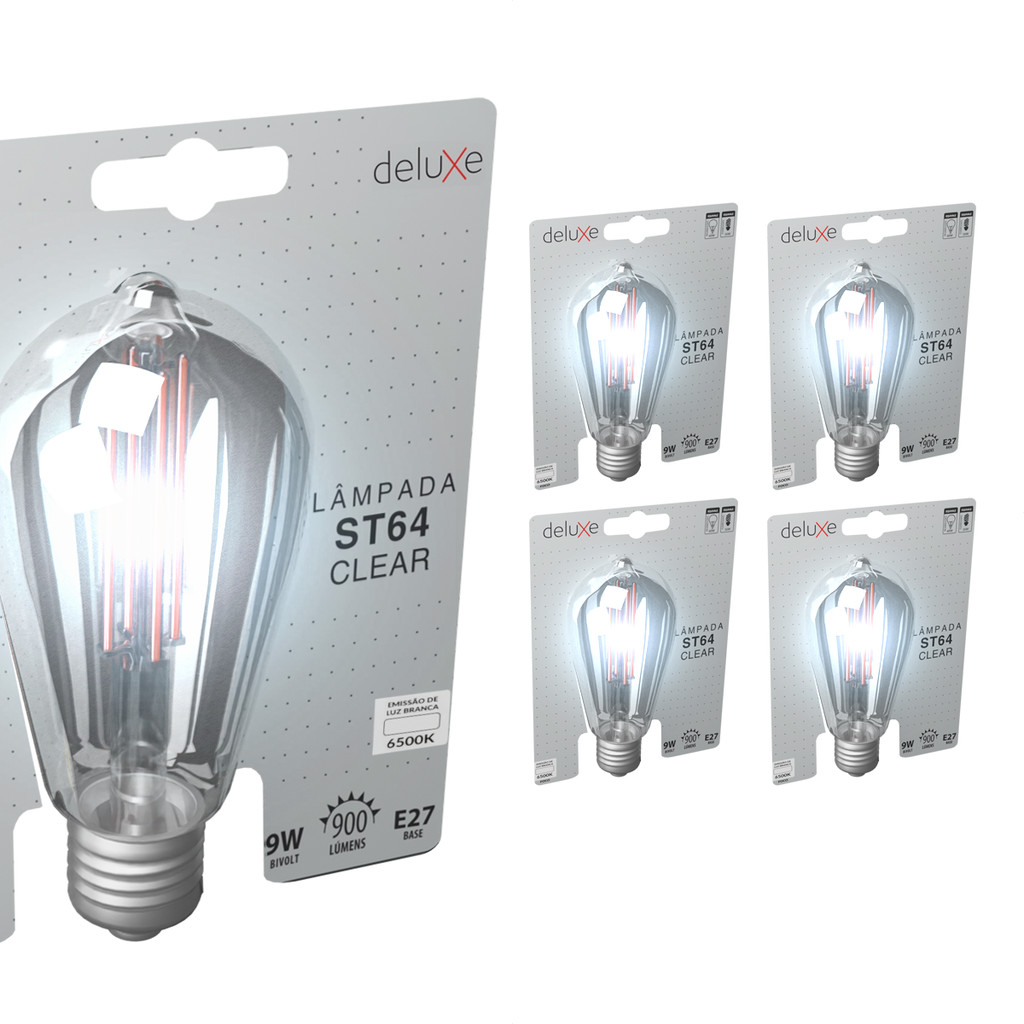 Kit 5 Lampadas Led ST64 Clear 9w 6500k Branco Frio E27 110v/220v Ip20 Cod: 352211370-5 Deluxe By Avant