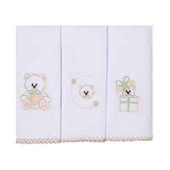 Kit Pano De Boca Bordados Papi Urso Presente - 3 Peças