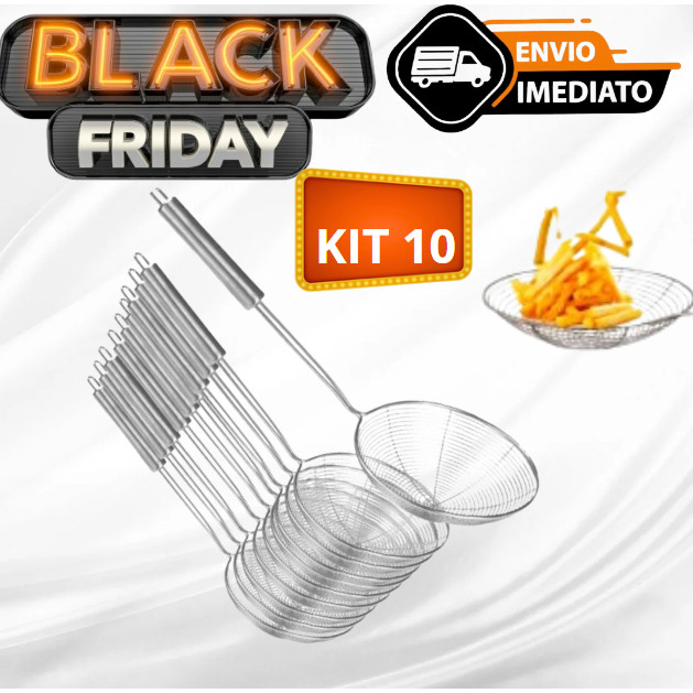 Kit 10 Escumadeira Fritura Aramado Batata 33cm Inox Batata Pastel Resistente