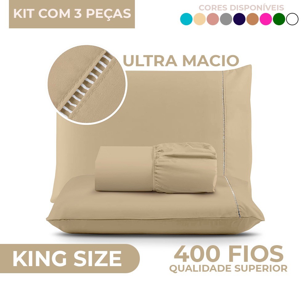 Jogo de Lençol Elástico + Fronha Micropercal 400 Fios Ponto Palito - Solteiro / Casal / Queen / King