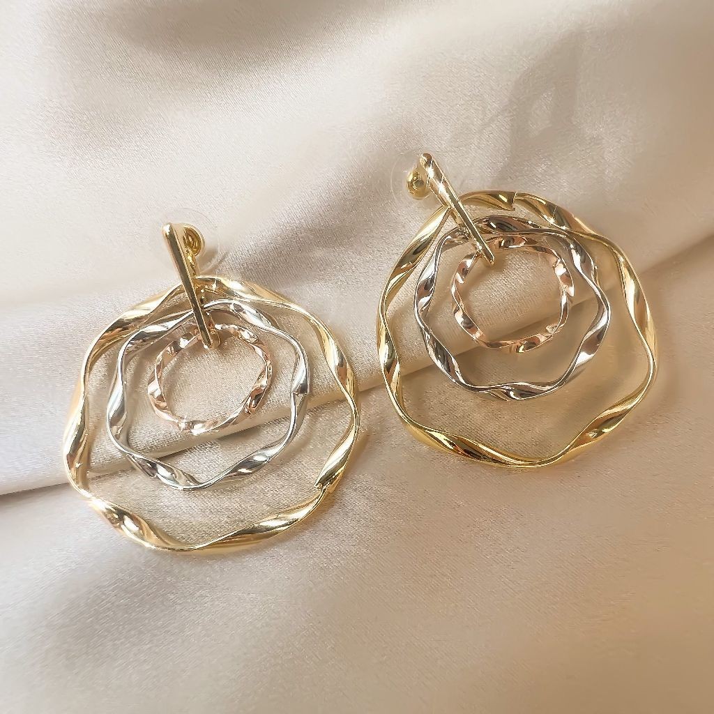 1 Par de Brincos Minimalistas de Metal Vazado Assimétricos 3 Em 1 Rose/Dourado/Prata Folheado a Ouro18k e Prata 925