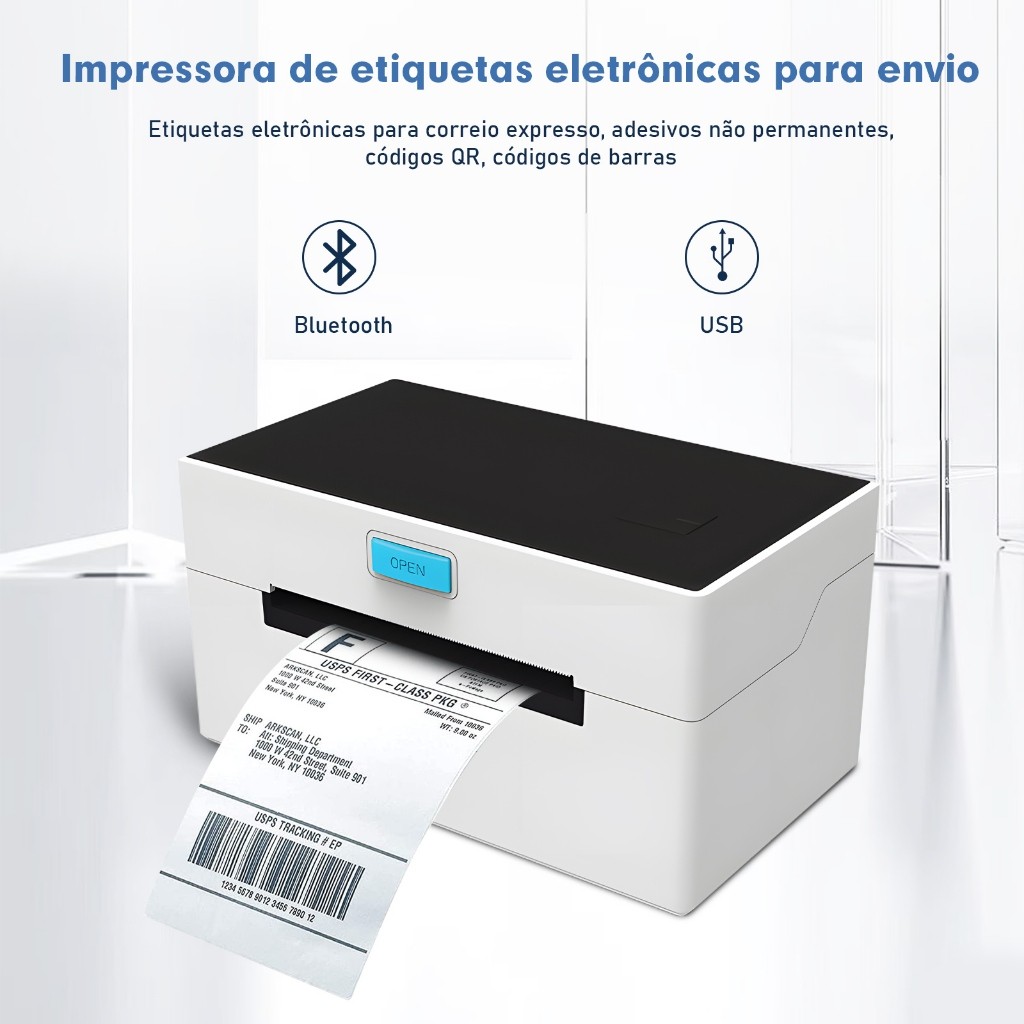 Impressora Térmica de Etiquetas para Envios Compatível com Shopee Correios e Transportadoras Conexão USB e Bluetooth