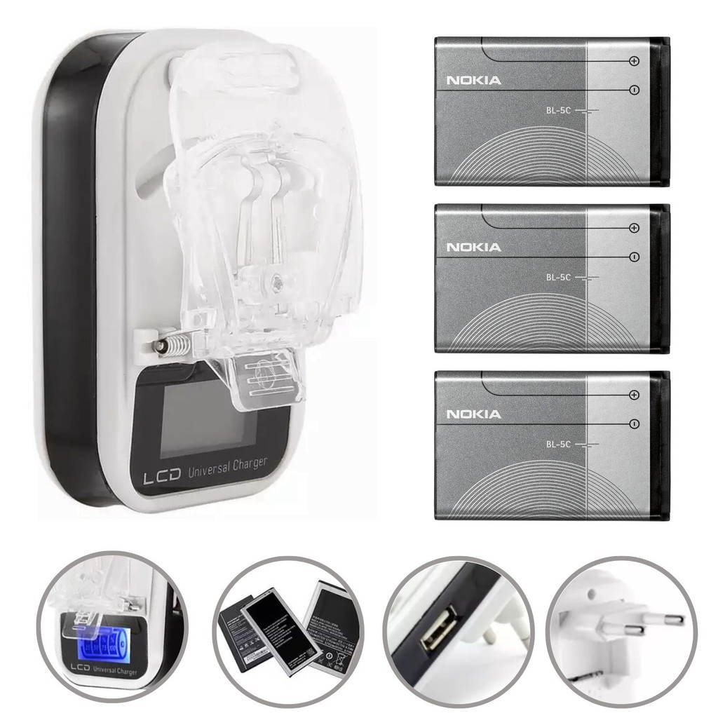 Carregador de Bateria Universal Externo + Bateria BL-5C Original com USB e luz de Led indicativa.