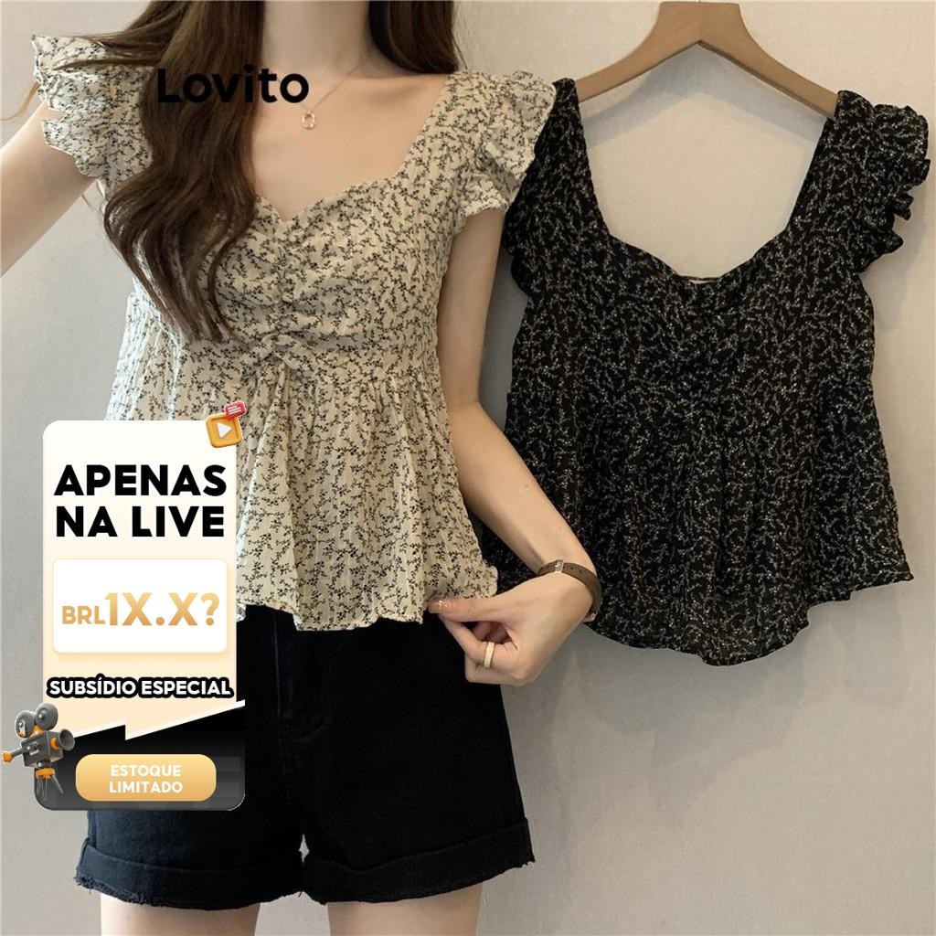 (LIVE STREAM SALE) Lovito Blusa Casual Lisa com Tecido Franzido para Mulheres LNE38098 (Branco/Preto) - Women Clothes