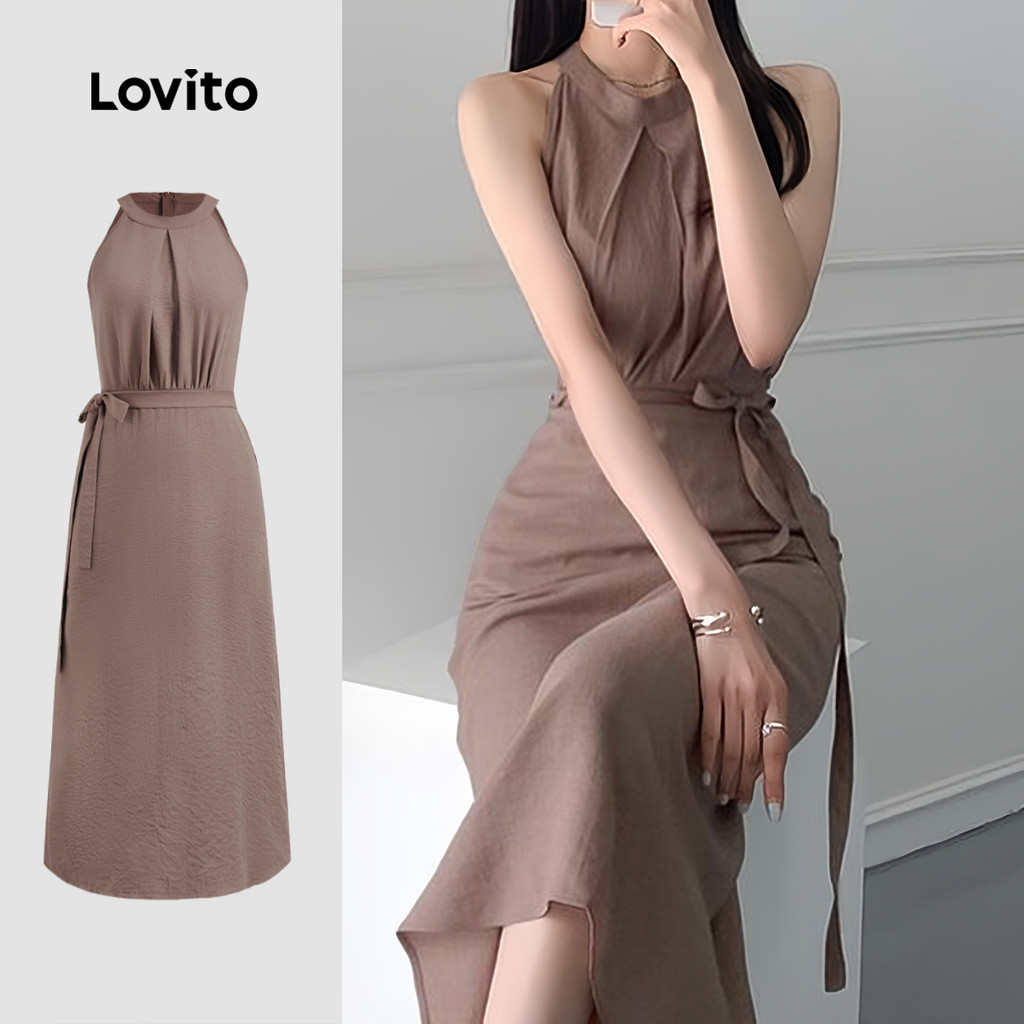 Lovito Vestido Casual liso plissado com cinto para mulheres L128ED385 em Oferta na Shopee