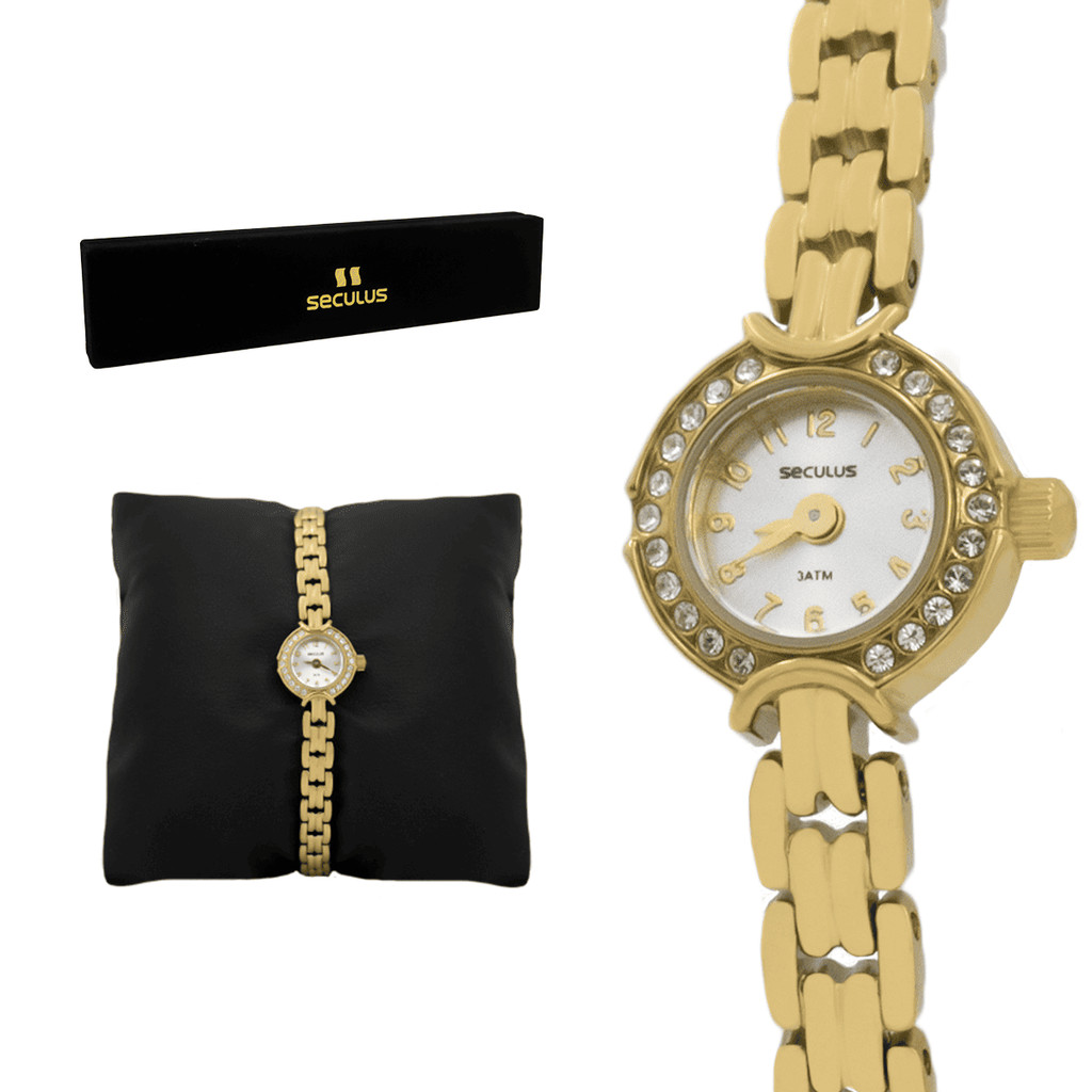 Relogio Feminino Seculus Aço Inoxidavel Dourado Fundo Branco Resistente a Agua 2 Anos de Garantia