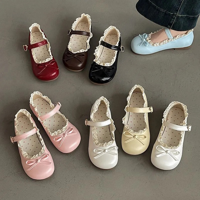 Sapatos Mary Jane Com Laço Retrô De Cabeça Redonda E Renda Plana , Femininos Franceses De Couro Plano Sola Macia em Oferta na Shopee