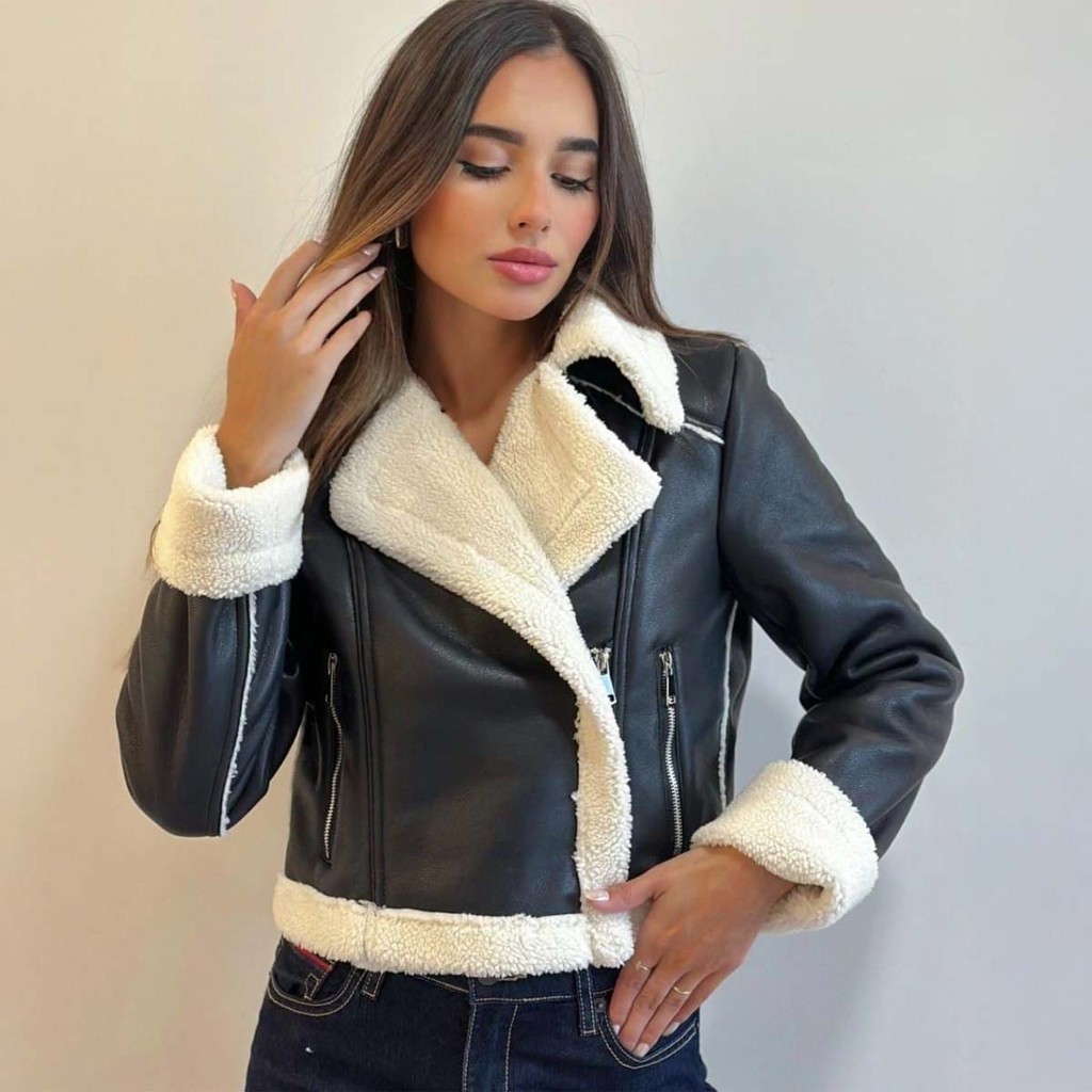 Jaqueta de Couro com Detalhe em Pelúcia Teddy Casaco Biker de Poliuretano em Oferta na Shopee
