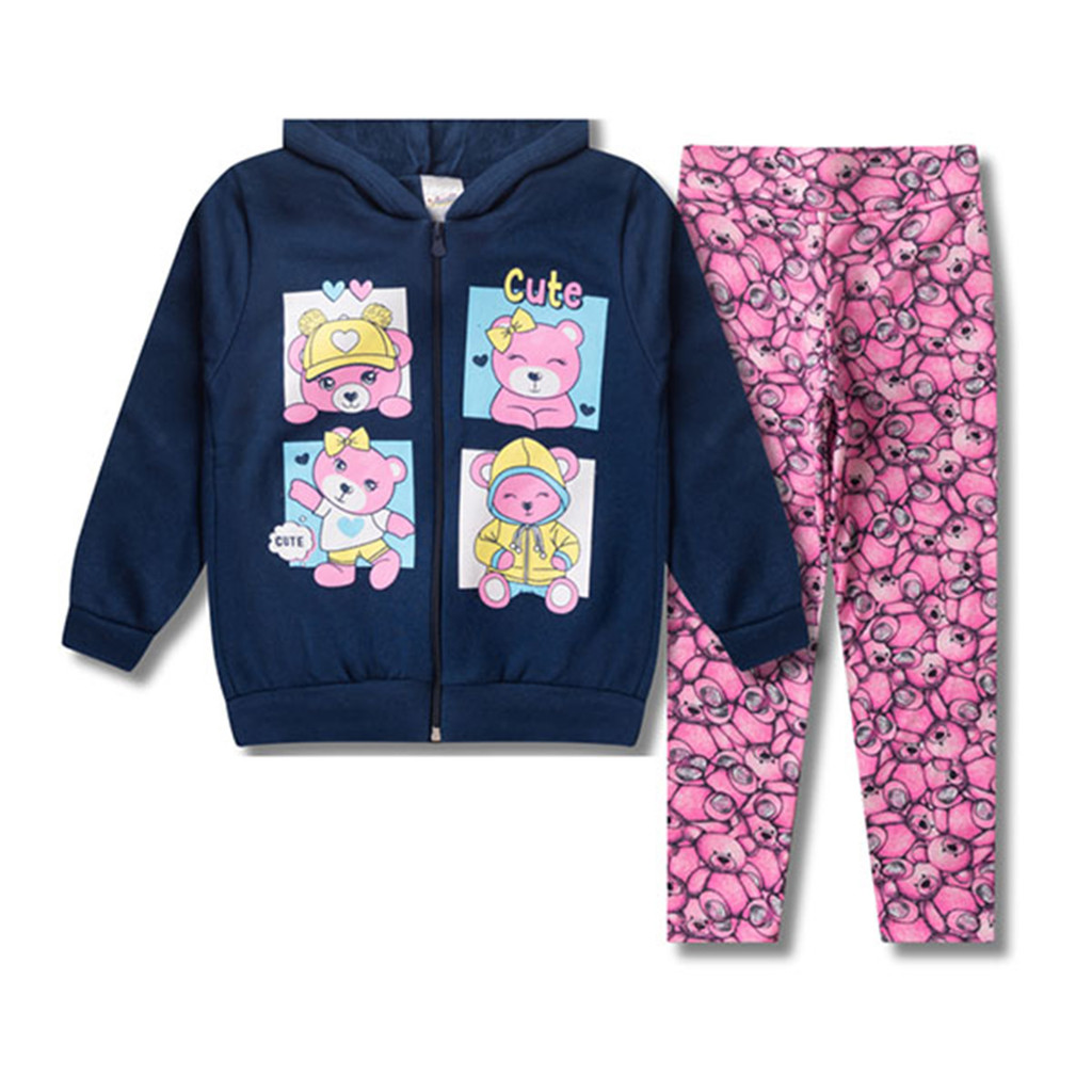 Conjunto Legging Flanelada Jaqueta Capuz Moletom Roupa Frio Infantil Menina Tam 1 2 3 4 6 8