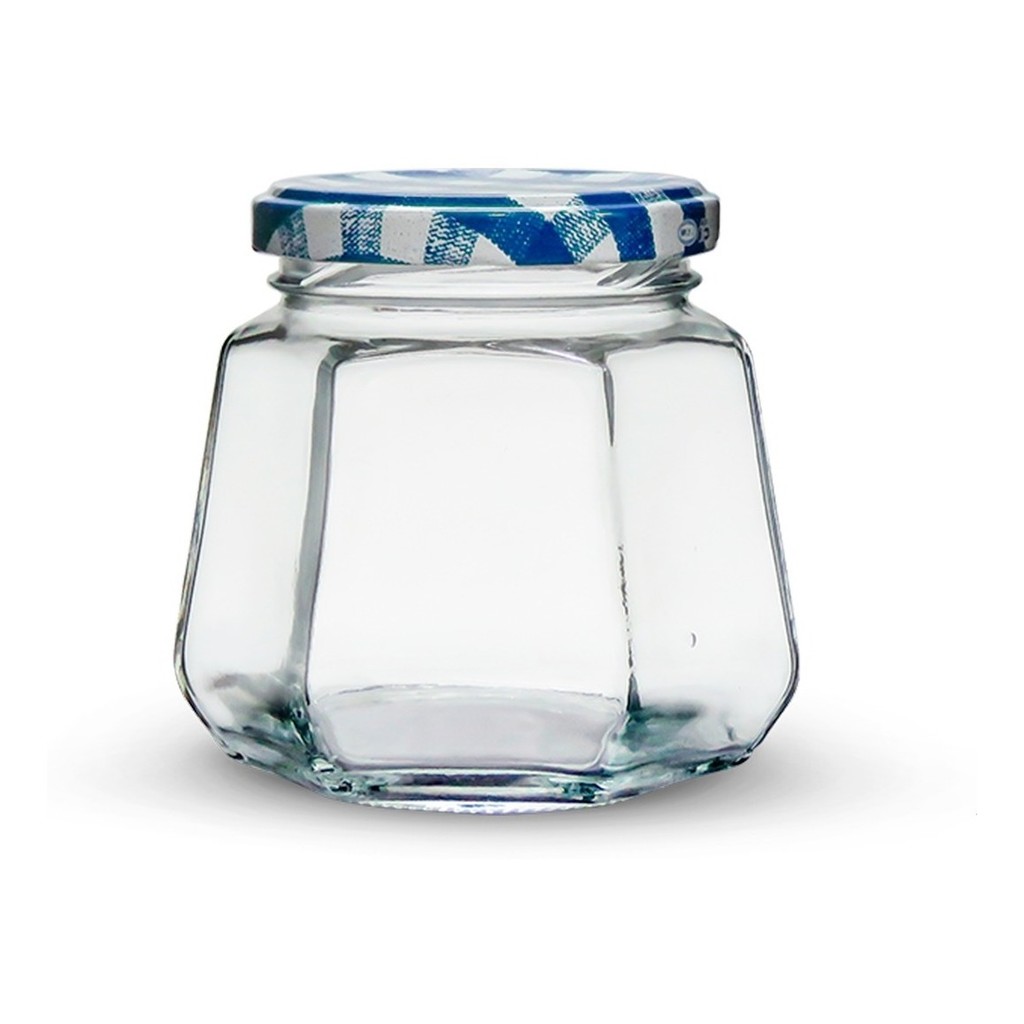 24 Potes De Vidro Sextavado 230ml Com Tampa Metálica E Lacre