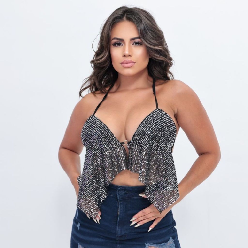 Cropped Feminino Decotado com Paetês Brilhante Bojo Poliamida Carnaval Verão Moda Blogueira