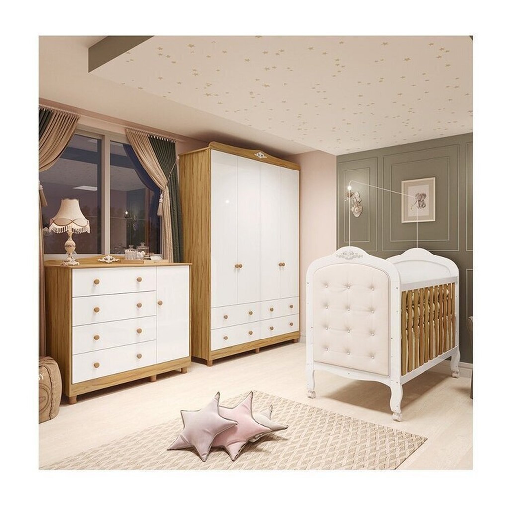 Quarto de Bebê com Guarda-roupa Cômoda e Berço com Capitonê 100% Mdf Maya Clássico Espresso Móveis - Mom & Baby
