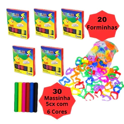 Kit 30 Unidades de Massinha + 20 moldes Forminhas Sortidas Para Modelar Infantil Escolar (5 caixas 65gr)