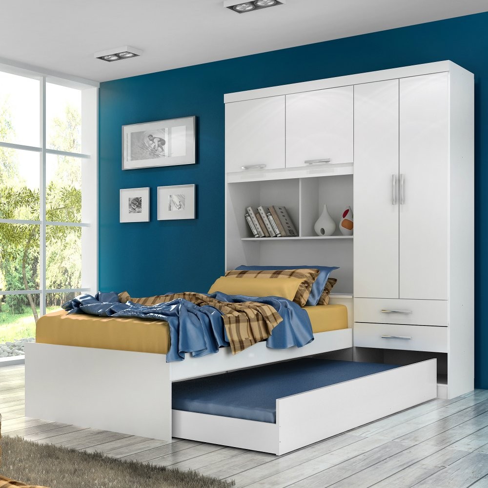 Guarda Roupa Solteiro 4 Portas 2 Gavetas com Bicama Milena ACP Móveis - Home & Living