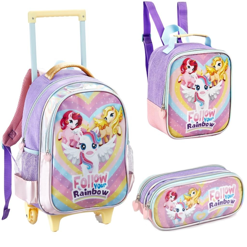 Kit Mochila Rodinha Lancheira Estojo Feminina Menina Infantil Escolar Com Alças Unicornio Follow Rainbown