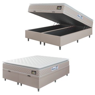 Cama Box Baú Casal Queen Colchão Espuma D33 Pillow Top Millenium 158x198x60cm Suede Bege/Branco em Oferta na Shopee