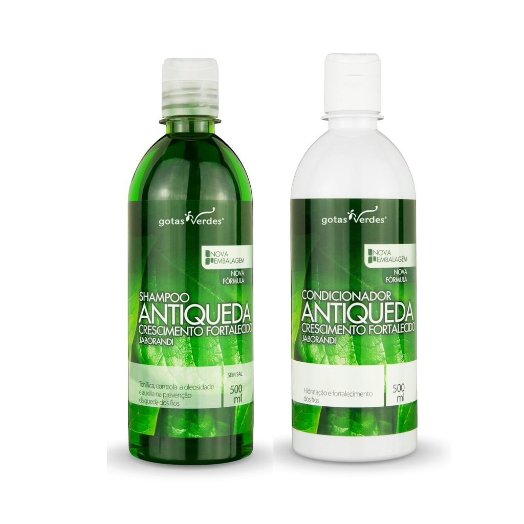 Kit Antiqueda Crescimento Fortalecido Jaborandi Shampoo 500 ml + Condicionador 500 ml Gotas Verdes