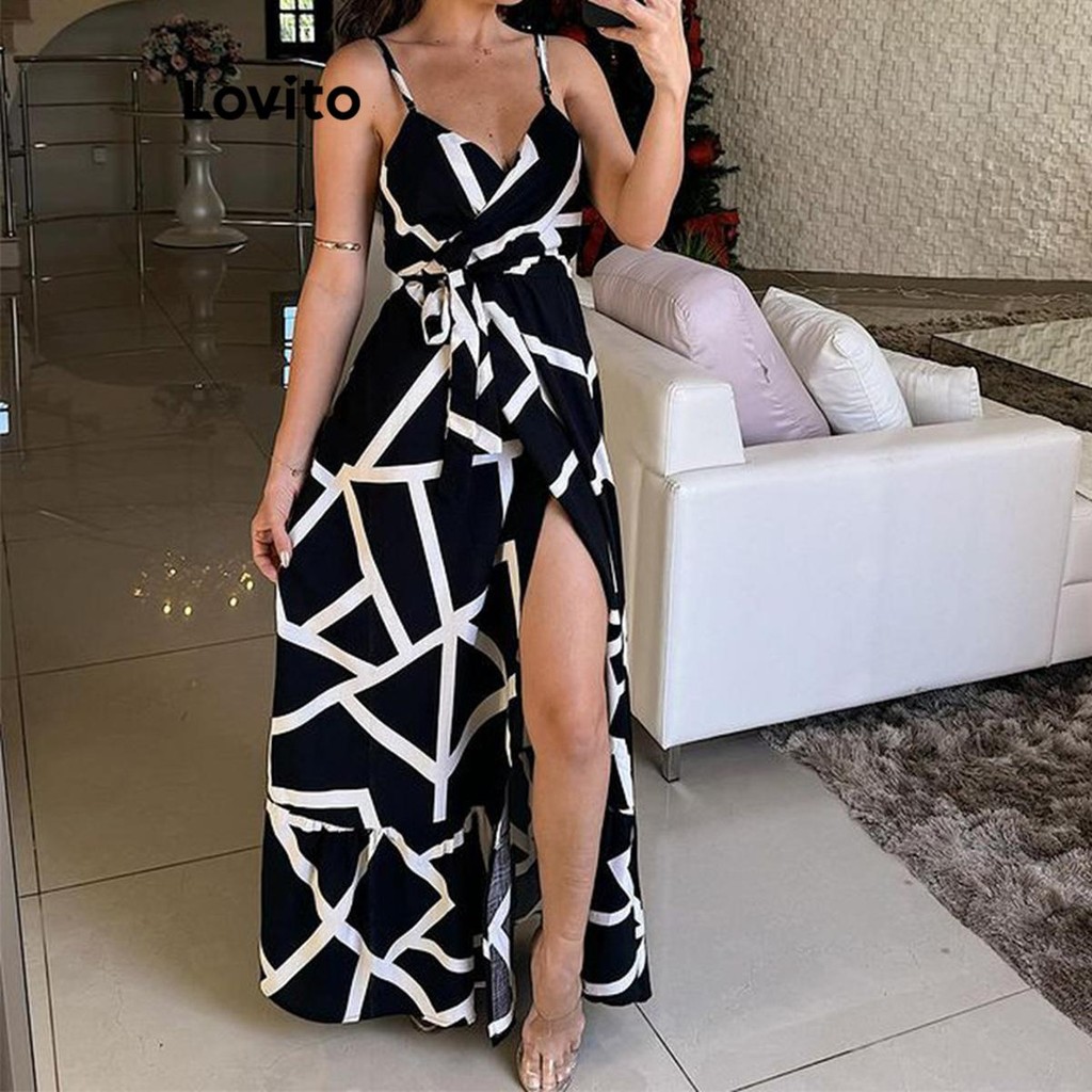 (Trendy) Lovito Vestido Boho Geométrico Split Front Dress Para Mulheres LNL73075 - Women Clothes