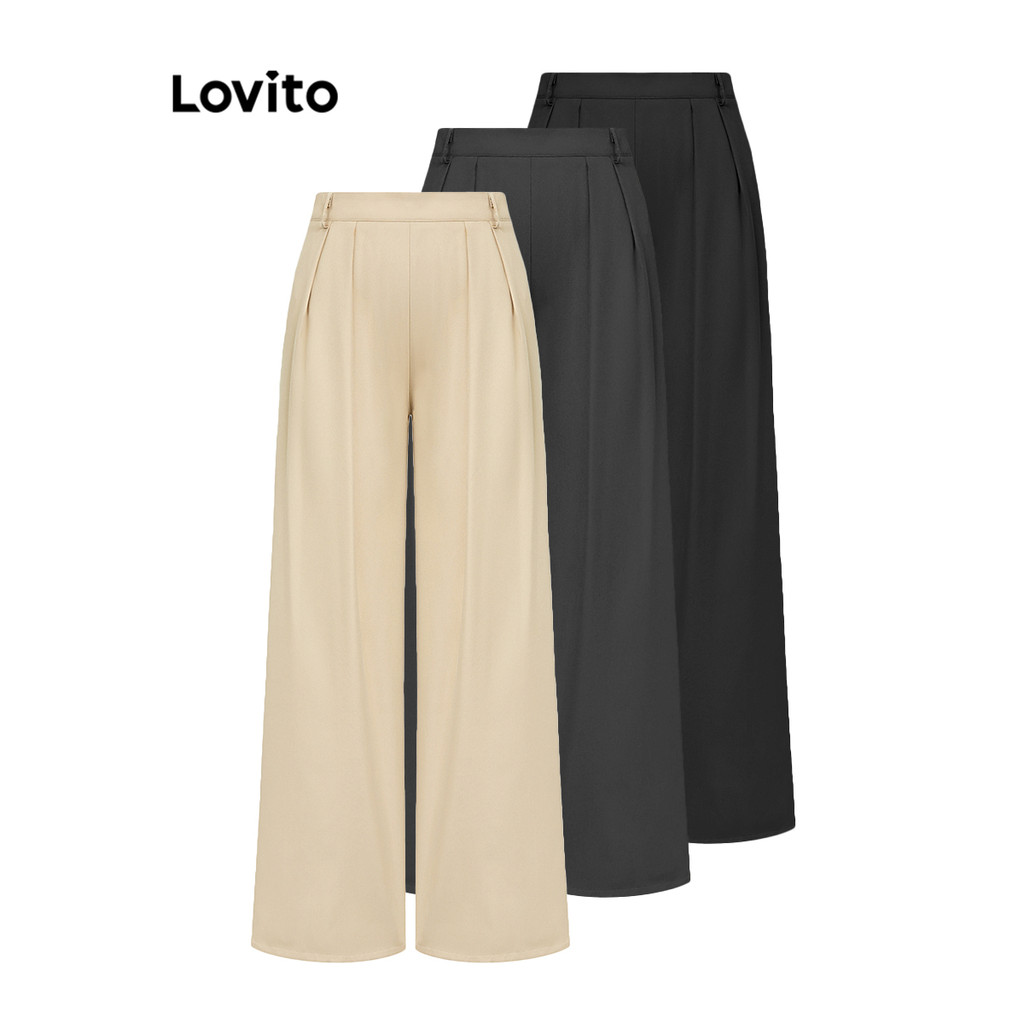 (Trendy) Lovito Calças Elegantes Calças Plissadas Lisas Para Mulheres L74ED153 (Multicolorido) em Oferta na Shopee