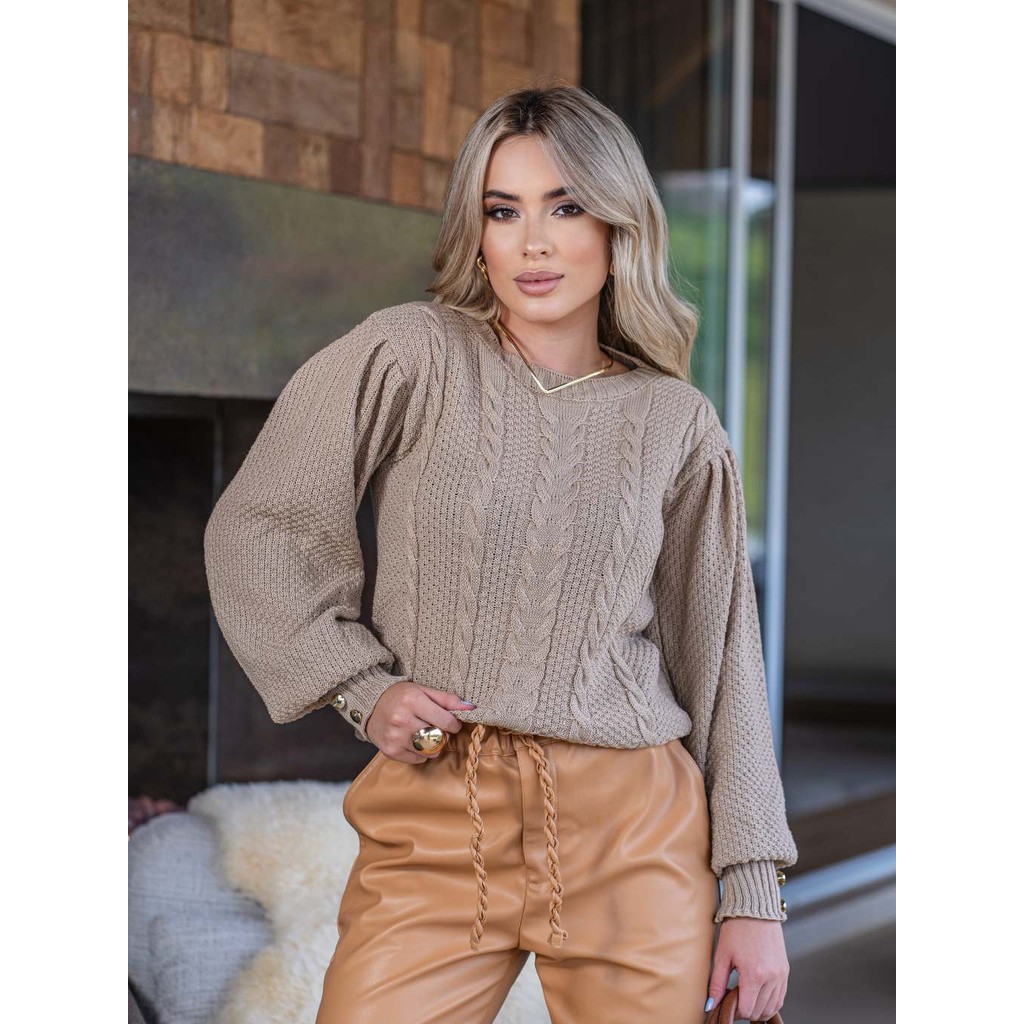 Blusa Tricô Feminina Manga Bufante com Botões Inverno Frio Tranças | Use&use Tricot