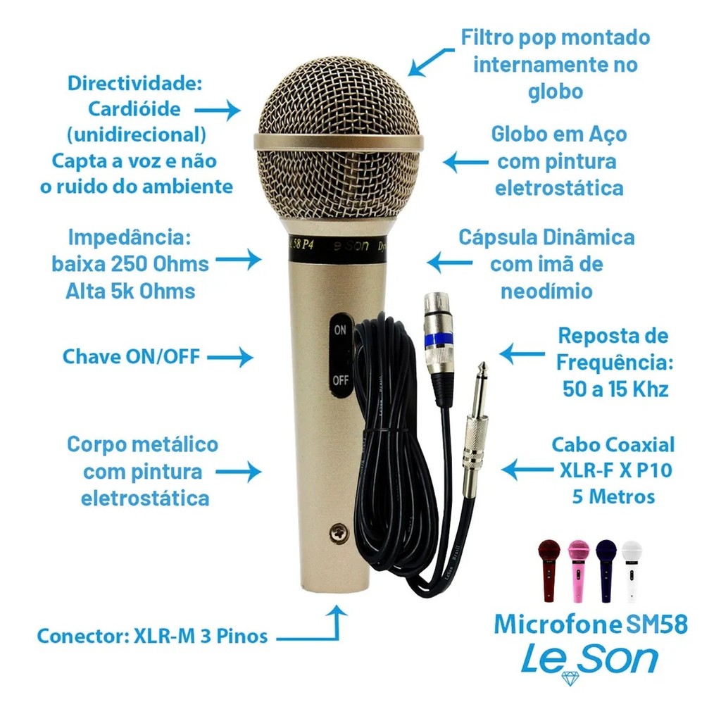 Microfone com Fio Profissional Branco SM-58 P4 - Leson 2AM002267 - detalhe