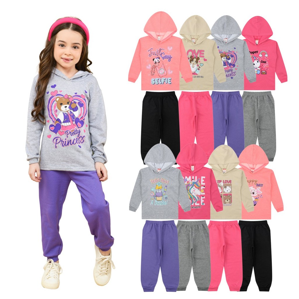 Kit Conjuntos Blusa Com Capuz Moletom + Calça Roupa Menina Infantil - Conjunto Menina Sortido Moda Inverno Frio Bebê