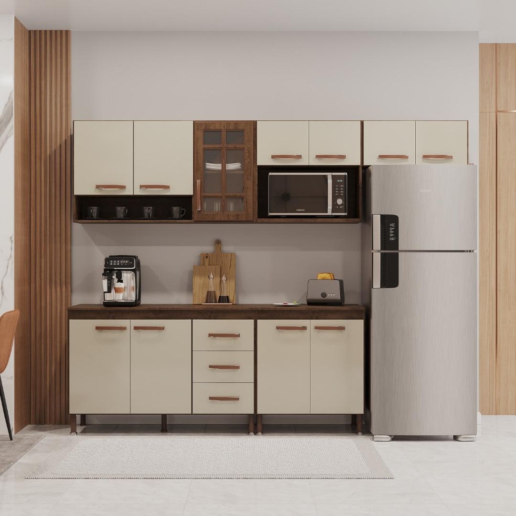 Cozinha Modulada Completa Fidelitá Lisboa 5 Peças 260cm 11 Portas 3 Gavetas Com Tampo Noce/Off-White em Oferta na Shopee