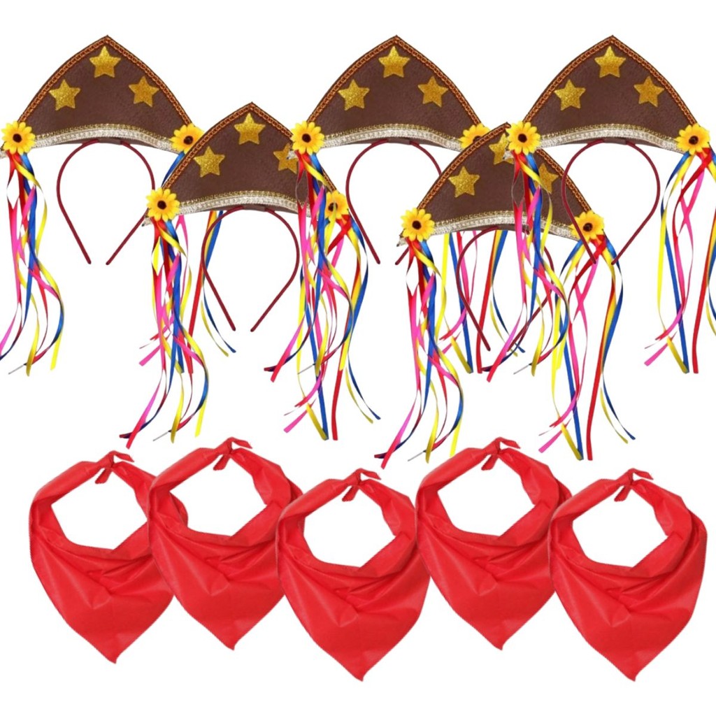 Kit 5 Tiaras Maria Bonita e 5 Lenços Vermelhos Festa Junina