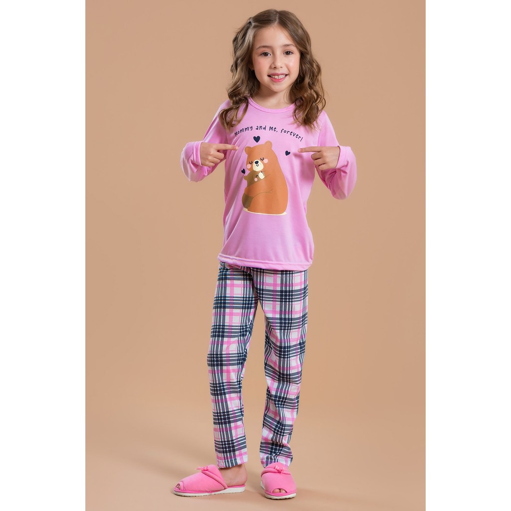 Pijama Longo Feminino Inverno Infantil Calça - Ursinho Rosa